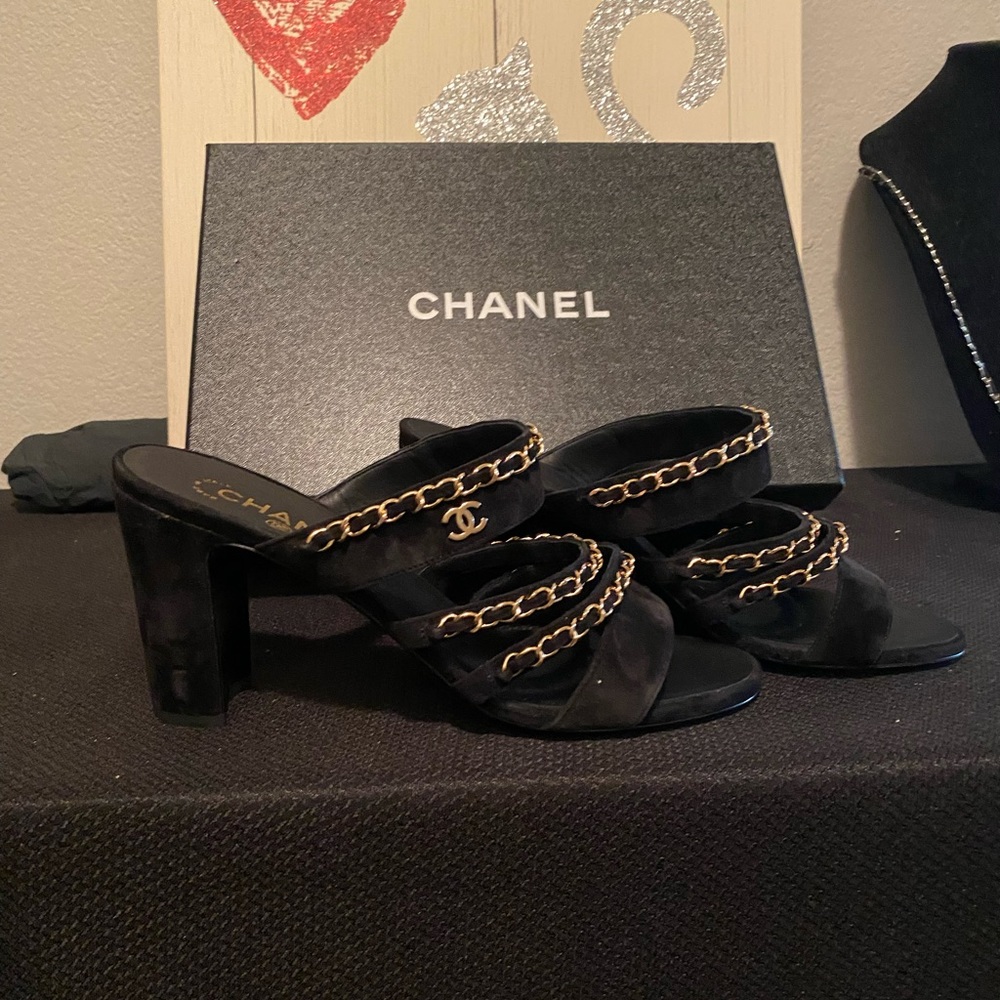CHANEL Mules Black Suede Gold Chain Classic CC Shoes